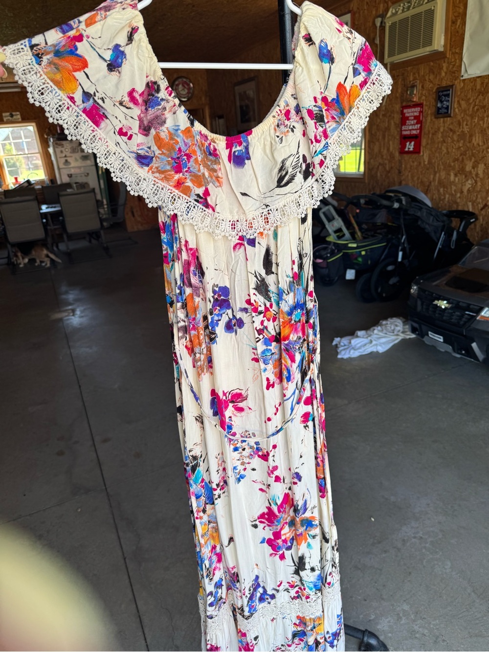 Cream Floral Maxi Dress with Crochet Trim